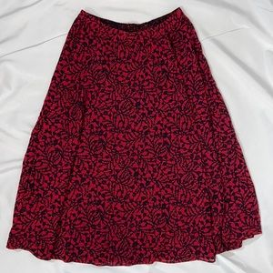 Long midi skirt - reversible abstract patterned, maroon, blue, orange, & black